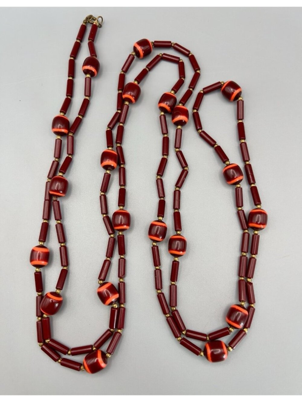 Vintage 1940s France Burgundy & Orange Beaded Long Station Necklace